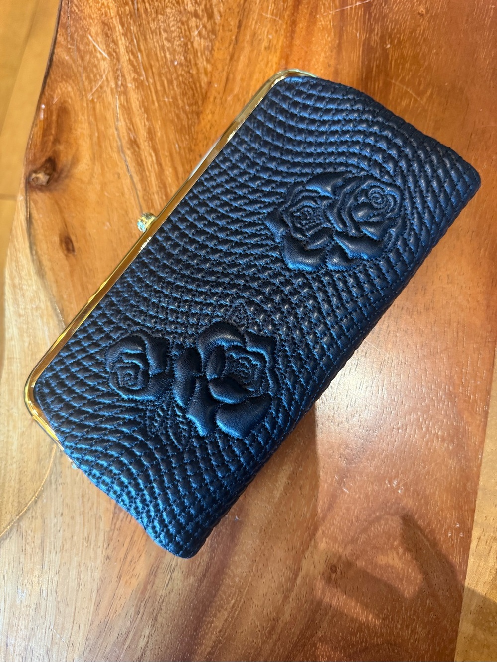 HOBO Lauren Black Quilted Rose Embroidered Clutch with Gold Frame - Picture 2 of 6